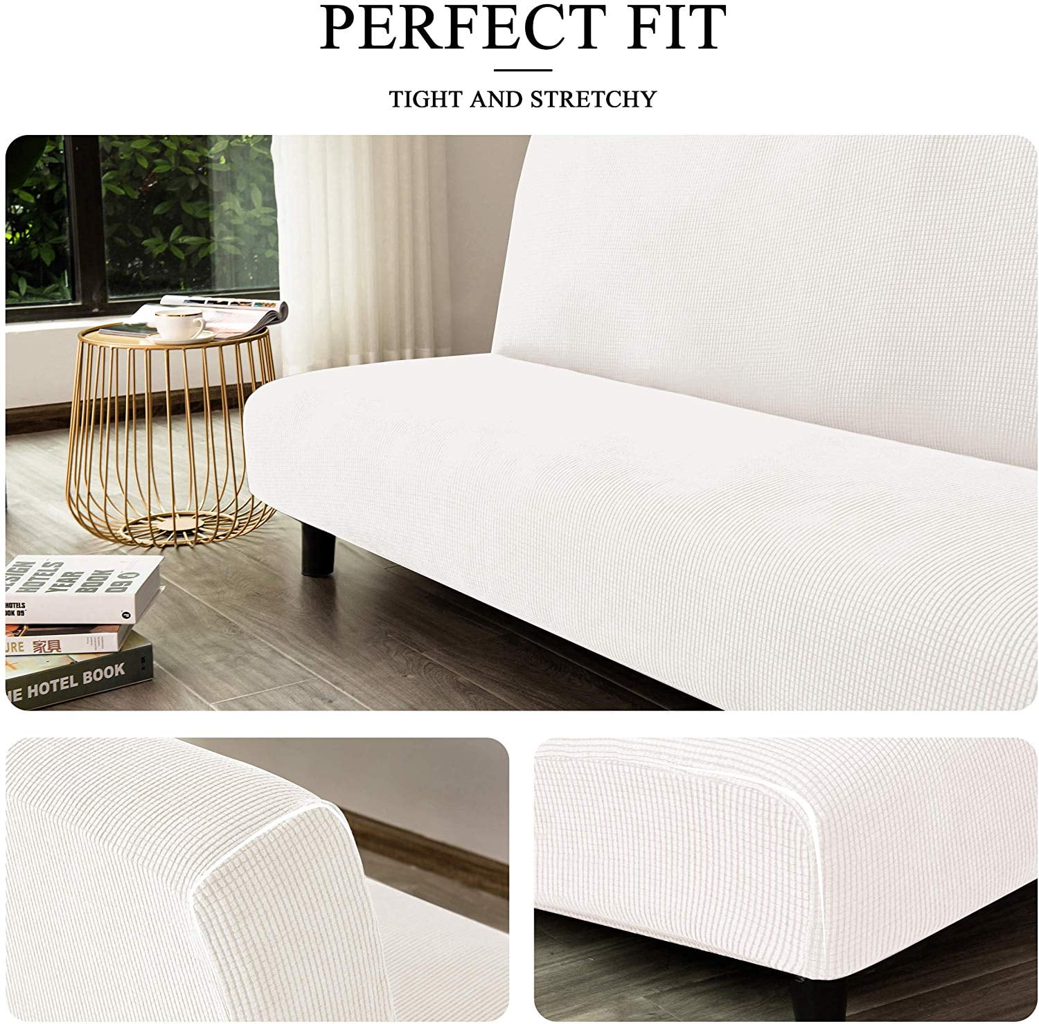 Subrtex Stretch 1-Piece Textured Grid Futon Slipcover, White