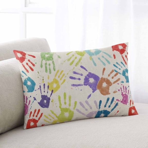 Colorful Hand Print Throw Pillow Covers, Cartoon Watercolor Graffiti Beige Soft Breathable Pillow Cases with Zipper for Sleeping, Queen Size Pillowcases for Couch Bed Sofa Chair 20x30 Inches