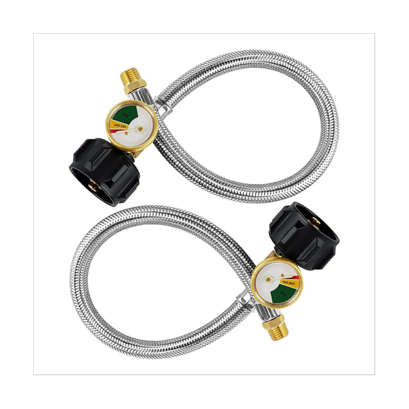 15 Inch RV Propane Hose Pigtail with Gauge for 5-40Lb Tanks - Stainless Braided Propane Hose Quick Connect