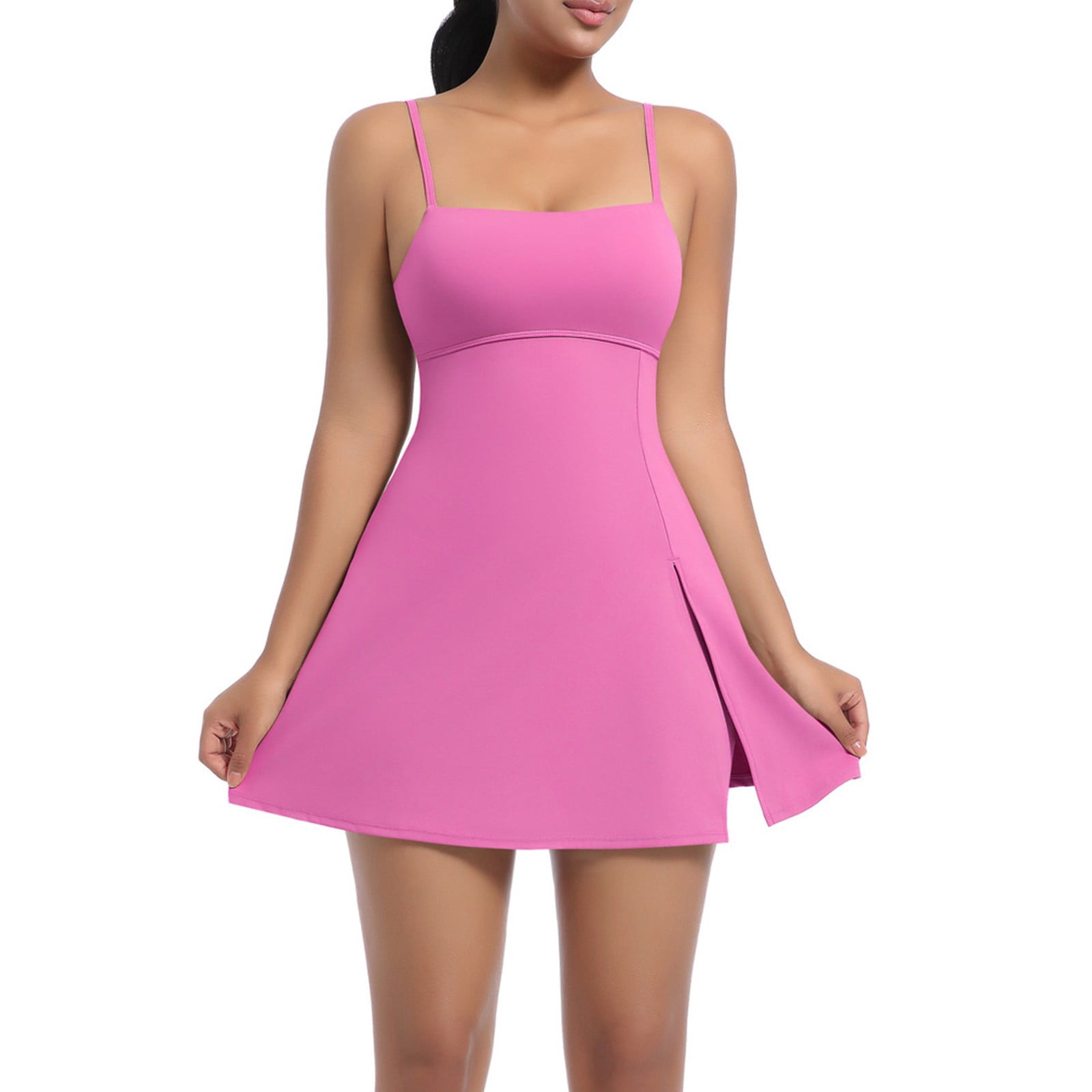 Blmnix Ladies Dresses Tennis Dress Athletic Dress Slip Dress Under Dresses Sleeveless Square Neckline Mini Pink Adjustable Strap Casual Summer Dress,L
