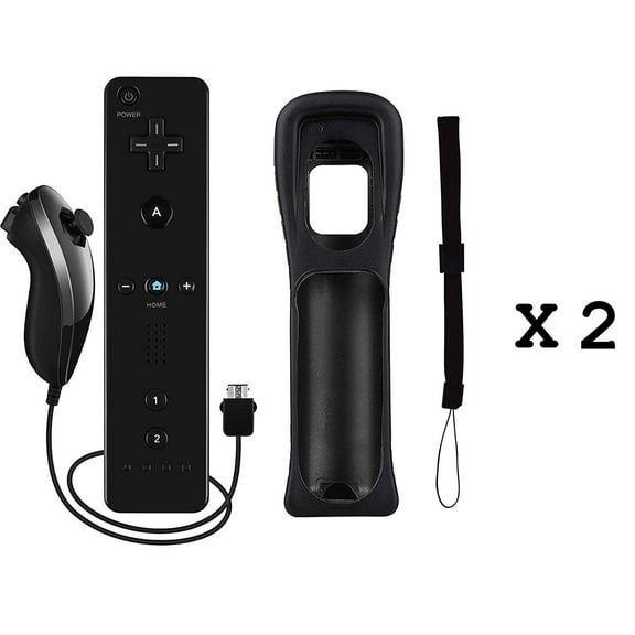 Wii Remote with Nunchuck,2 PCS Wireless Controllers Compatible with Wii/Wii U with Motion Plus,Silicone Case and Wrist Strap,Black
