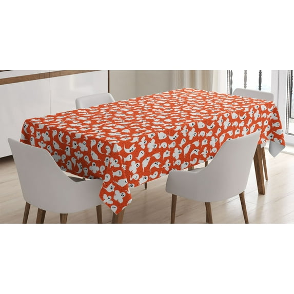 Ghost Tablecloth, Funny Ghost Characters with Different Expressions on Dotted Backdrop, Rectangle Satin Table Cover Accent for Dining Room and Kitchen, 52" X 70", Dark Orange White, by Ambesonne