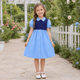 thumbnail image 3 of IPIO Girls’ Sky Blue & Navy Peter Pan Collar Puff Sleeve A-Line Dress, 3 of 7