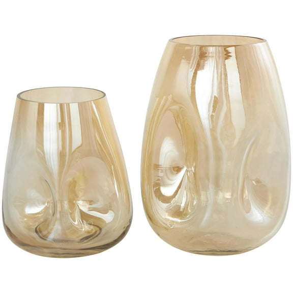 DecMode 11", 8"H Abstract Concaved Iridescent Gold Glass Vase, Set of 2