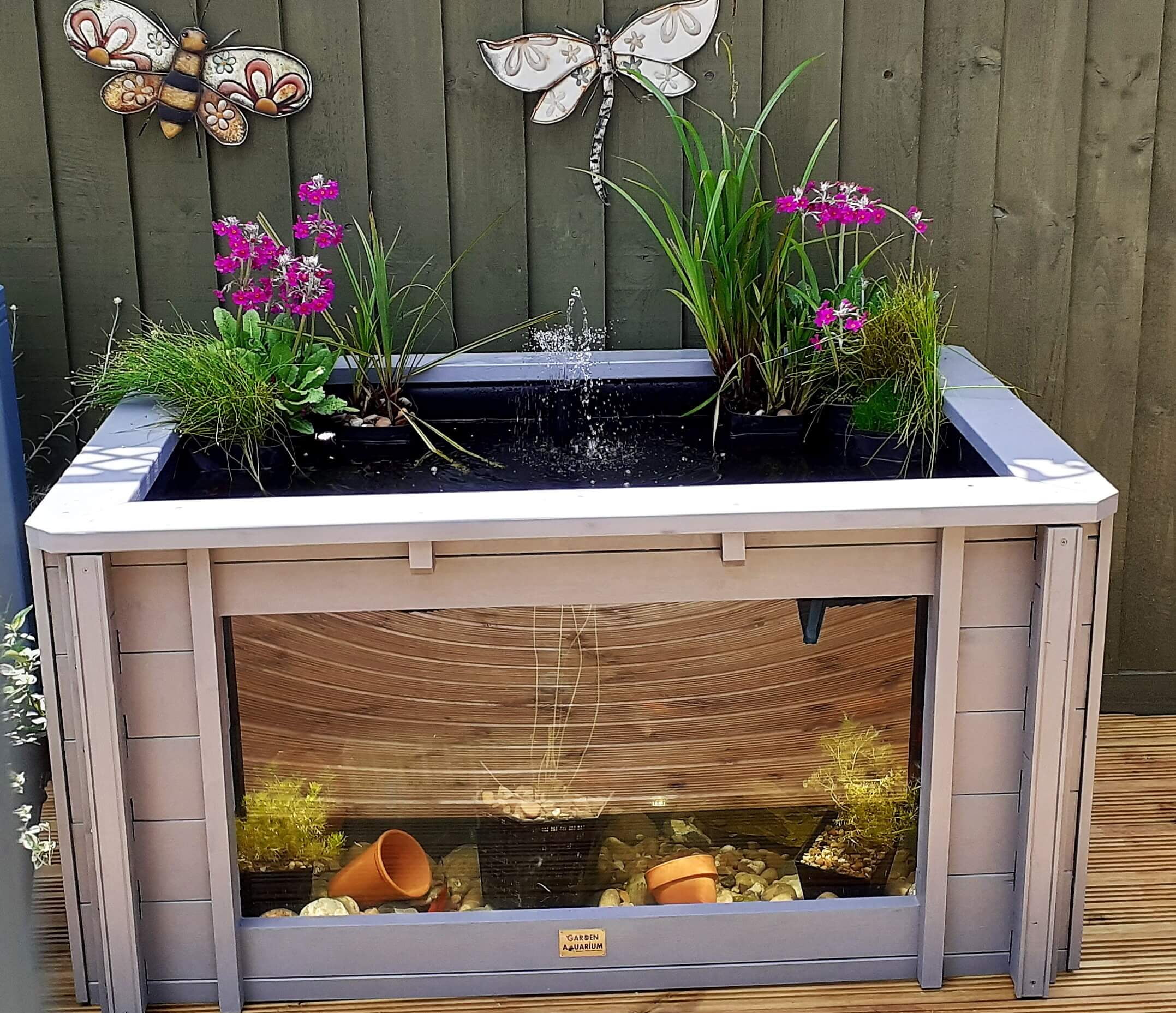 Raised Rectangle Wood Pond with Large Window Iris Clear View Garden Aquarium in Gray - 138 Gallon.