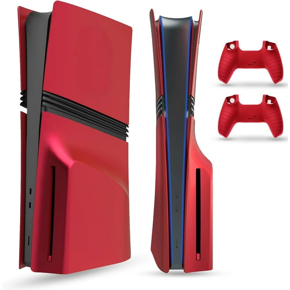Uberwith Faceplate for PS5 Pro (Disc Edition), Cover Plate, ABS Shell, Matt Skin, with Extra 2 Controller Silicone Covers (Red)