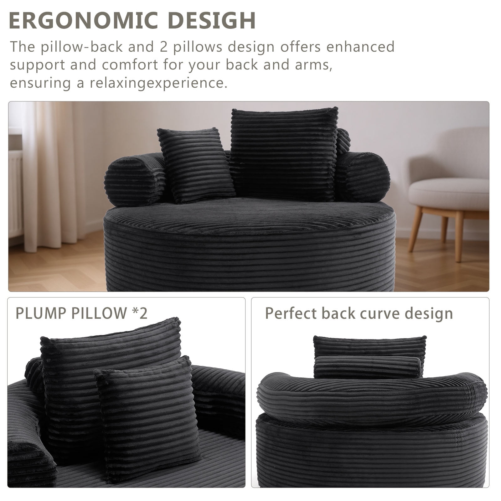 Miniyam 55.5" W Round Oversized Chaise Lounge Indoor with Memory Foam Sofa for Living Room, Cloud Couch with 3 Pillows, Black