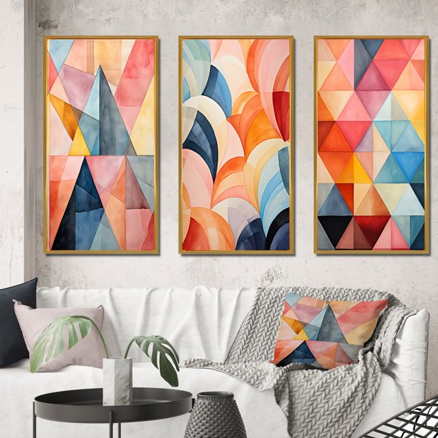 Designart "Symmetrical Pastels in the World of Hard-Edge V" Abstract Framed Wall Art Set Of 3 - Multi-Color Hard Edge Painting Frame Canvas Set For Living Room Decor