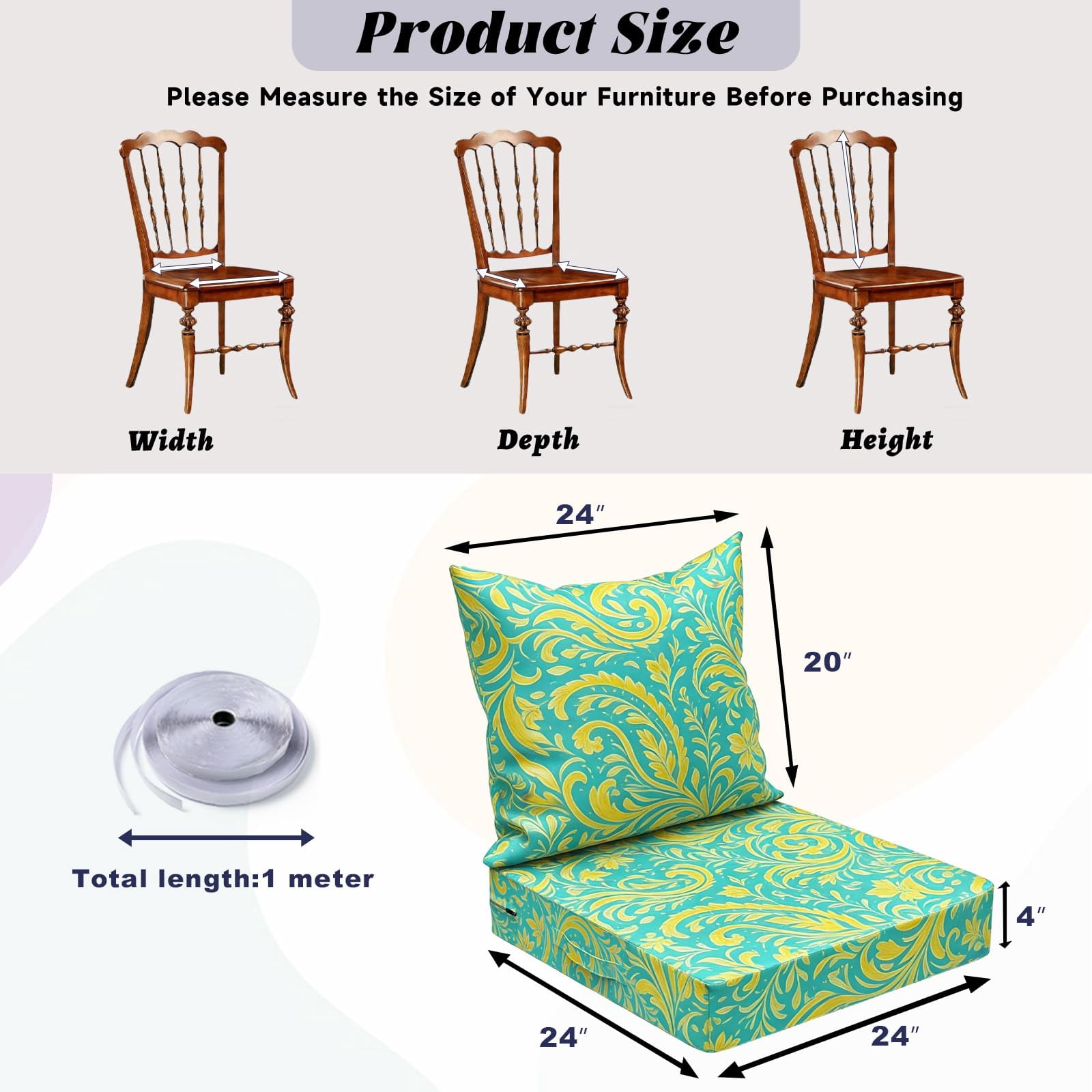Yacona Outdoor Chair Cushions Set, 24x24in Patio Furniture Cushions with Handle, for Patio Furniture Chair Sofa, Pattern