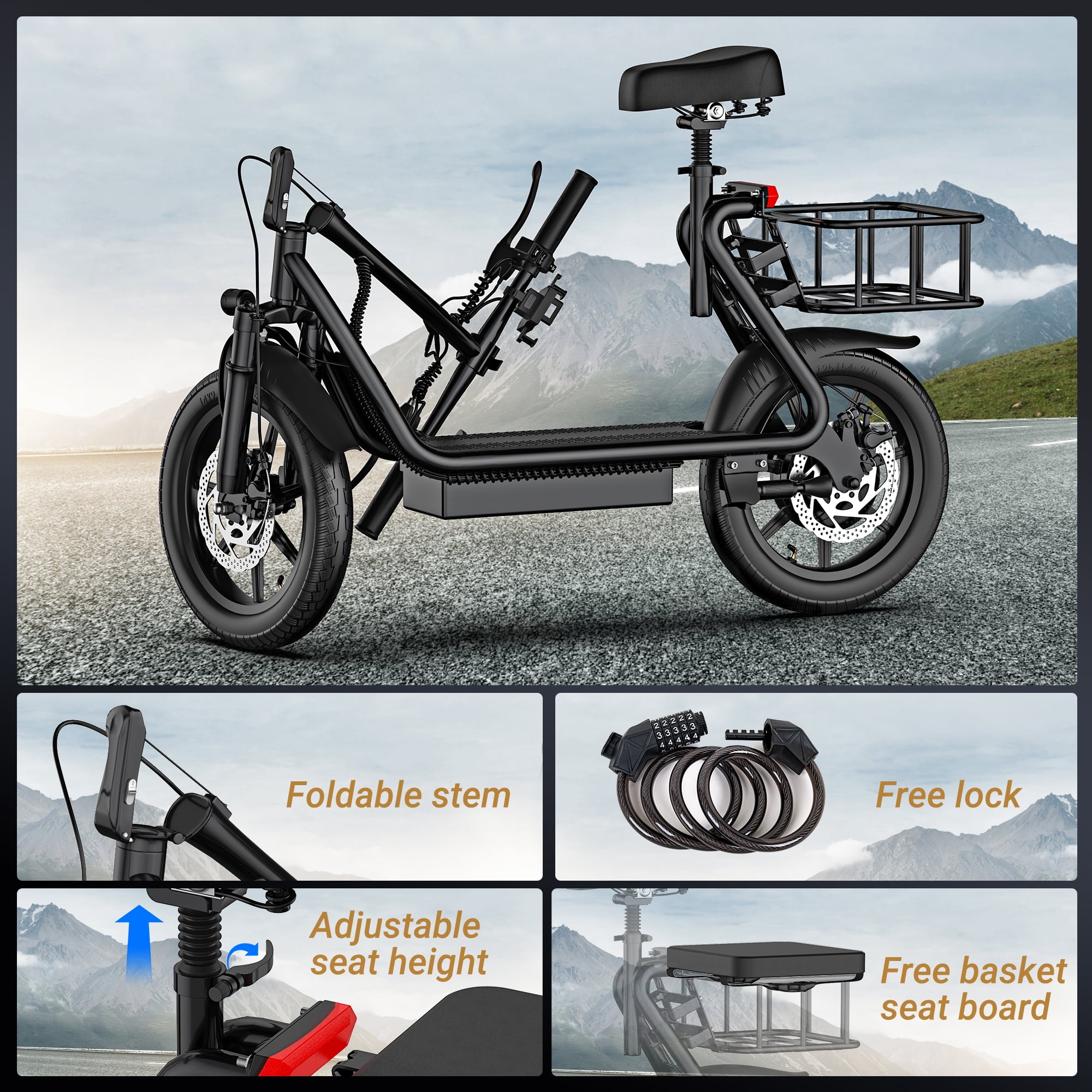 AOVOPRO ESBS 500W 14 inch Commuter Electric Scooter with Seat &Carry Basket for Adult-Up to 28 Miles 21MPH