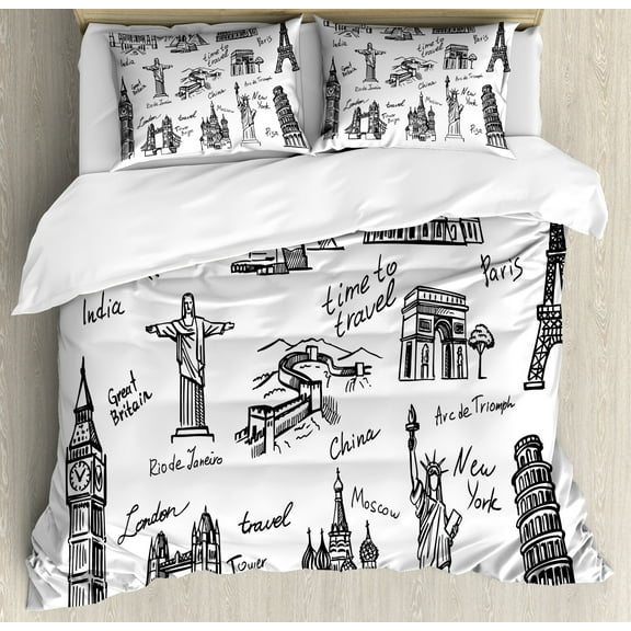 Hipster Duvet Cover Set, Important Landmarks of World Pisa Colosseum Wall of China Places, Decorative 3 Piece Bedding Set with 2 Pillow Shams, Calking Size, White and Black, by Ambesonne