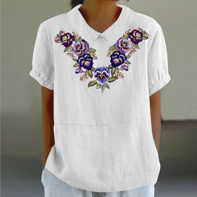 Fiudx Ofertas Relámpago Camiseta Holgada Informal con Estampado para Mujer, Tops de Manga Corta con Cuello de Muñeca, Blusa Bonita y de Lino