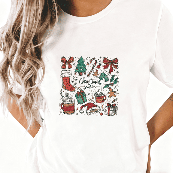 Women Casaul Christmas Graphic Tee T-Shirt Top Christmas Season Icons Print Short Sleeve Round Neck White S-5XL
