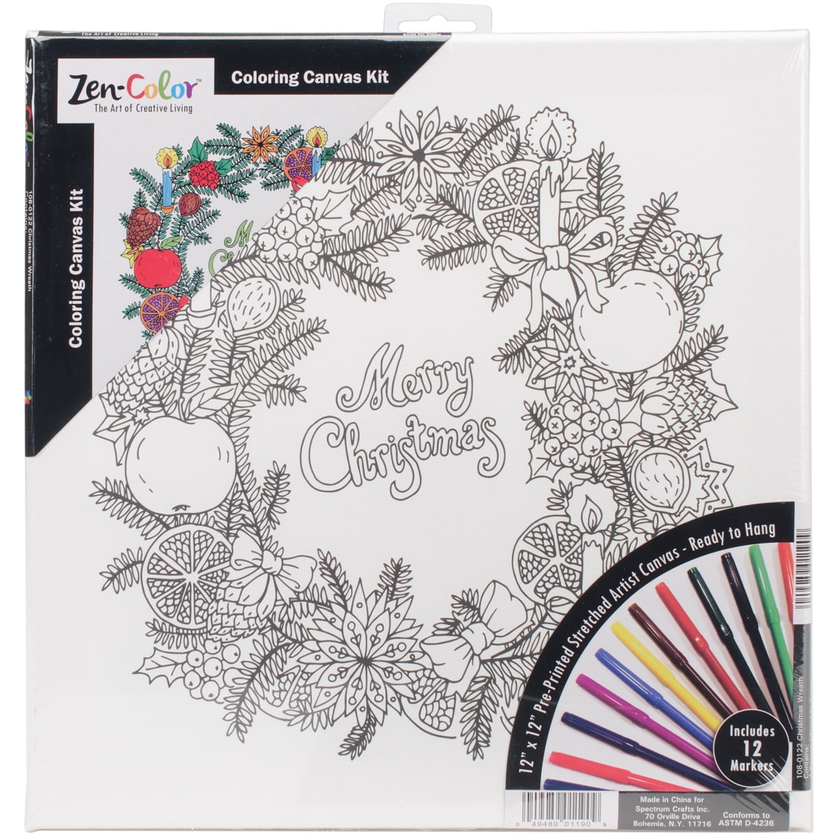 Adult Holiday Coloring Canvas 12"X12" W/12 MarkersChristmas Wreath