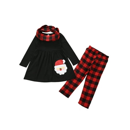 

Christmas Toddler Girl Outfit Santa Claus Long Sleeve Top Plaid Pants Clothes