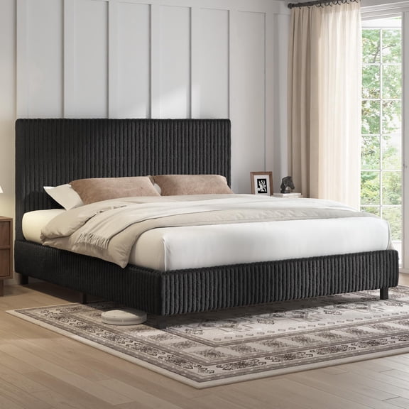 Merluxy Twin Upholstered Platform Bed Frame with Channel Tufted Headboard, Black