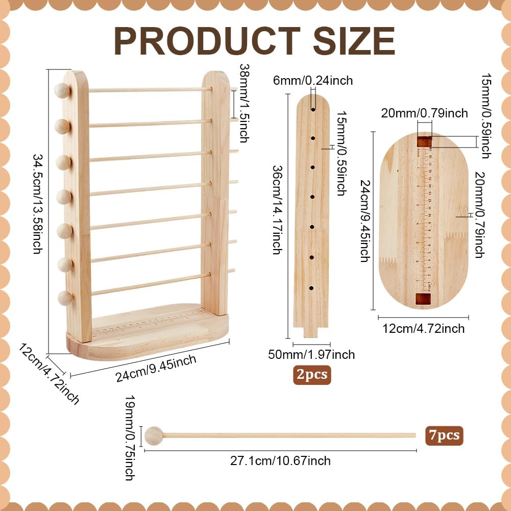 PH 7-Tier Wooden Ribbon Organizer Rack Spool Holder Storage Ribbons Storage Stands Thread Organizer Holder Crochet Roll Display Shelf for Mesh Wreath Tulle Sewing Craft Gift Wrapping