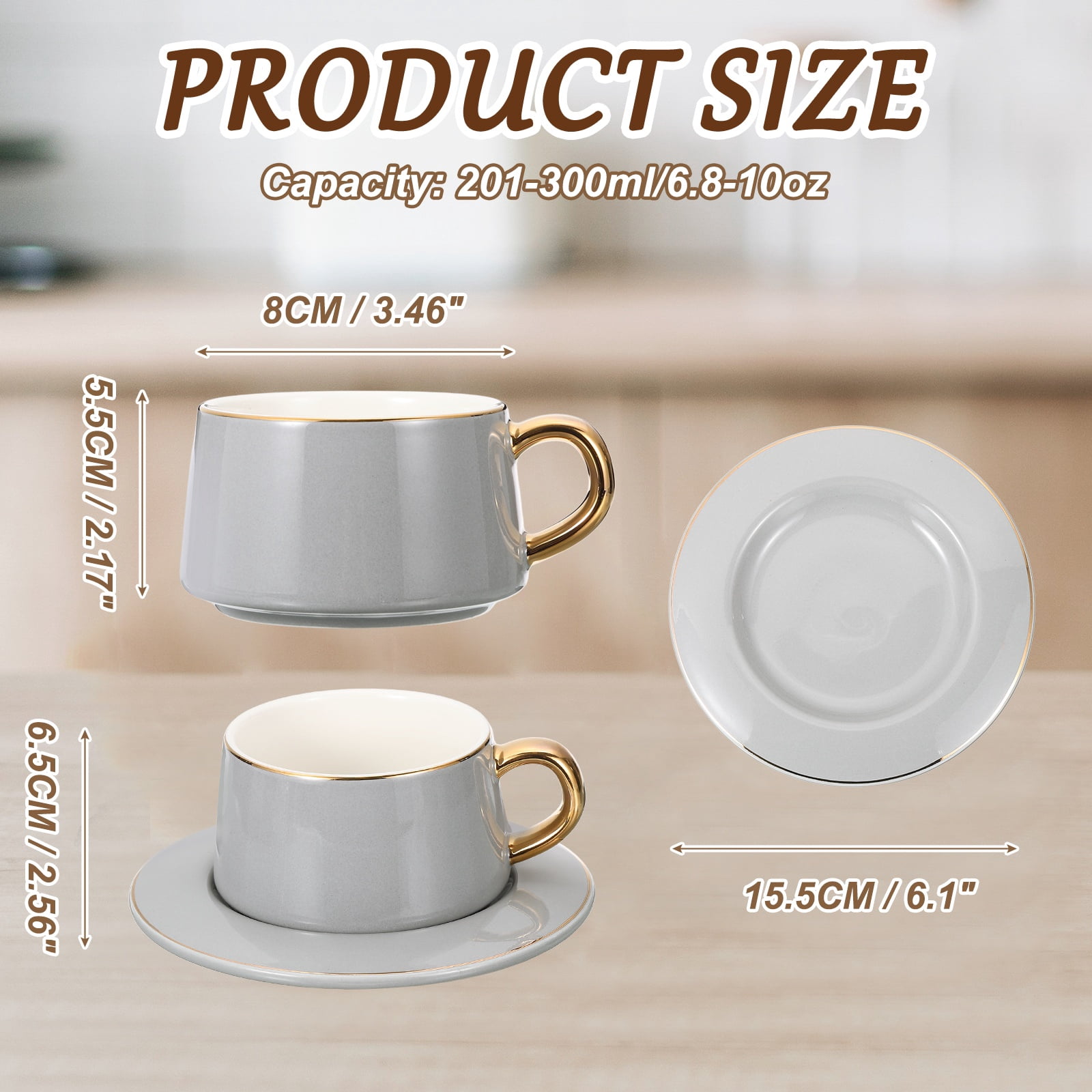 Uxcell 10oz Ceramic Coffee Mugs with Saucer Set, Creative Cute Cup with Handle Unique Irregular Design for Coffee Lovers Gift Tea Espresso Latte Kitchen Cafe Party Dishwasher, Gray