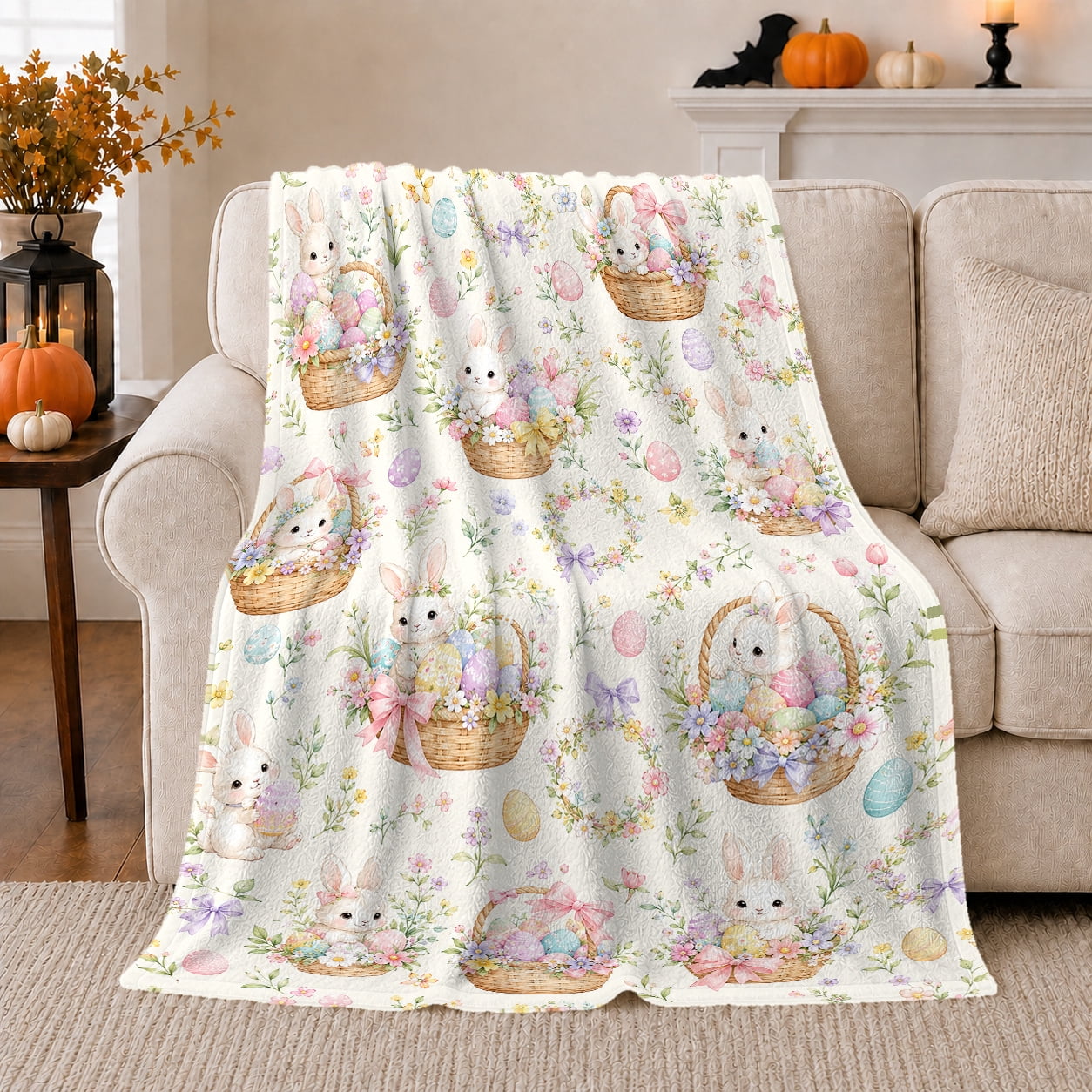Rabbits In Woven Baskets With Pastel Eggs And Flowers for Rabbit Lovers  Cheerful Pastel Easter Watercolor Pattern Home Decor for Living Room and Bedroom  Easter Gift and Cozy Flannel Blanket