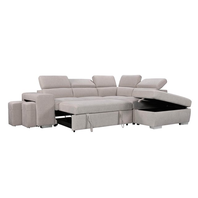 Urban Cali Pasadena Grand Sectionnel-Lit avec Ottomane de Rangement et 2 Tabourets (Beige / Méridienne Orientée à Droite)