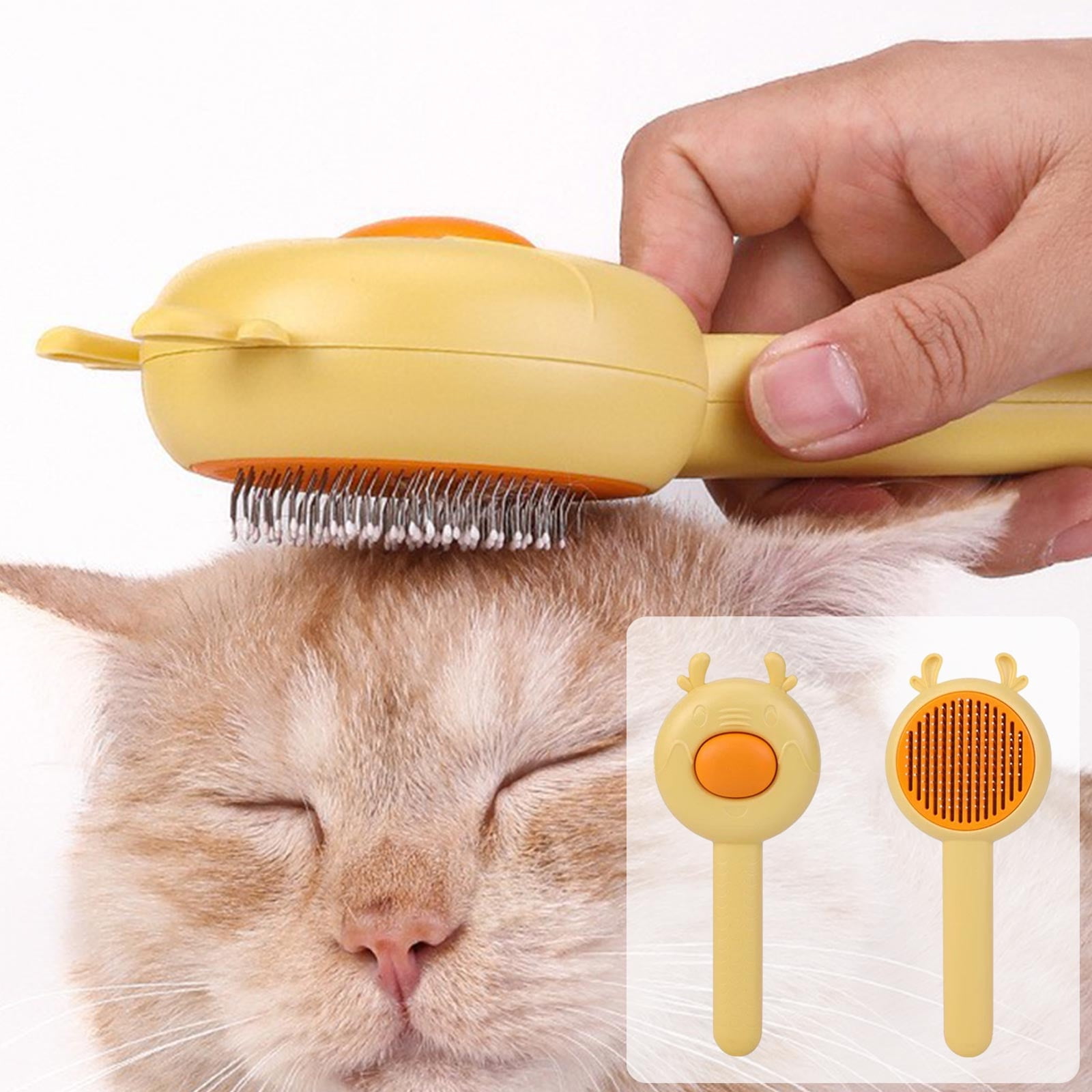 Curved Stainless Steel Pin Comb, Self Cleaning Shedding Grooming Brush for Cats & Dogs, Yellow Anti-slip Handle