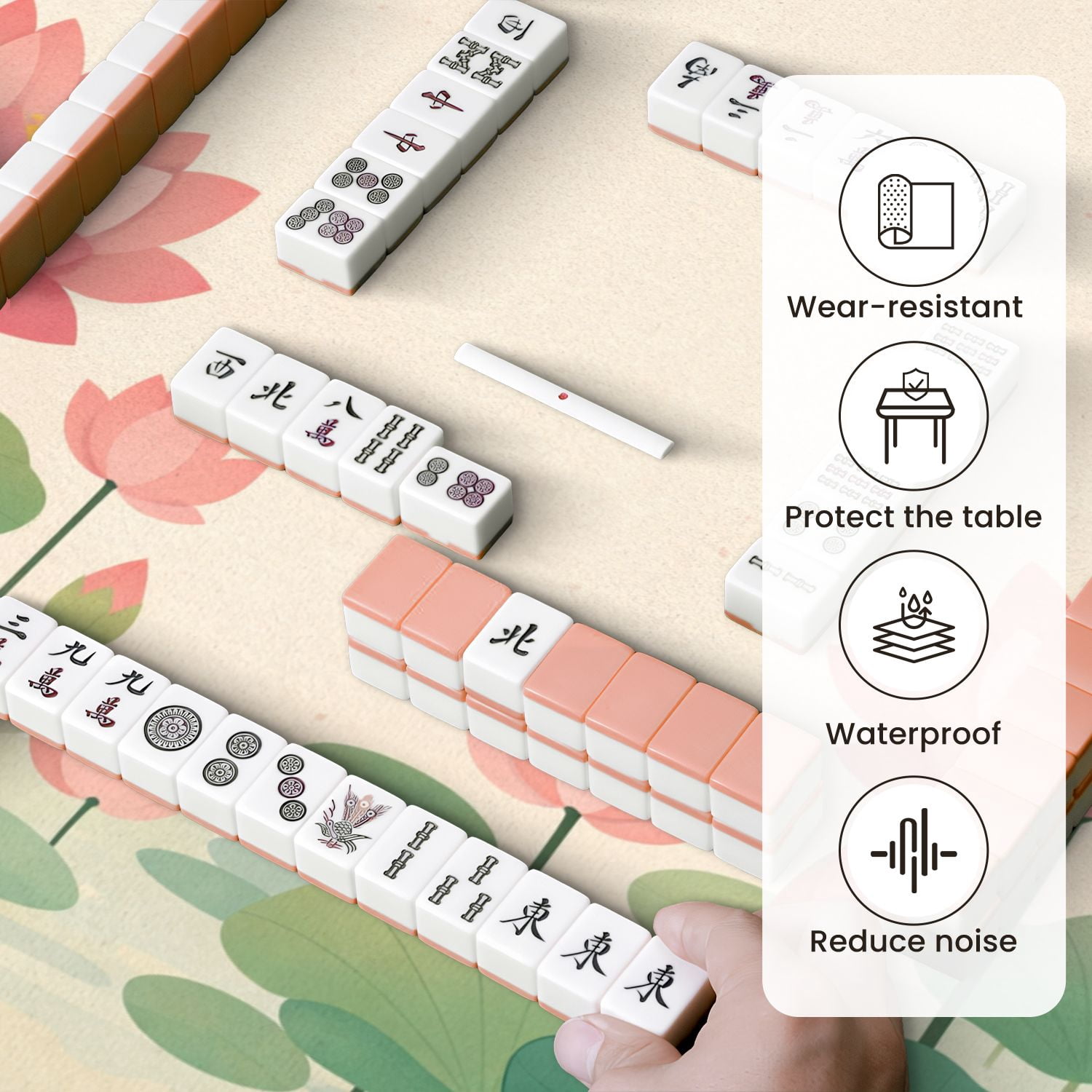 Mahjong Mat 31.5" x 31.5" Serene Lotus Pond Pink Flowers Dragonflies Soft Pastel Colors Non-Slip Noise Reduction Mahjong Tiles Table Cover for Dominoes Poker Card Board and Tile Games