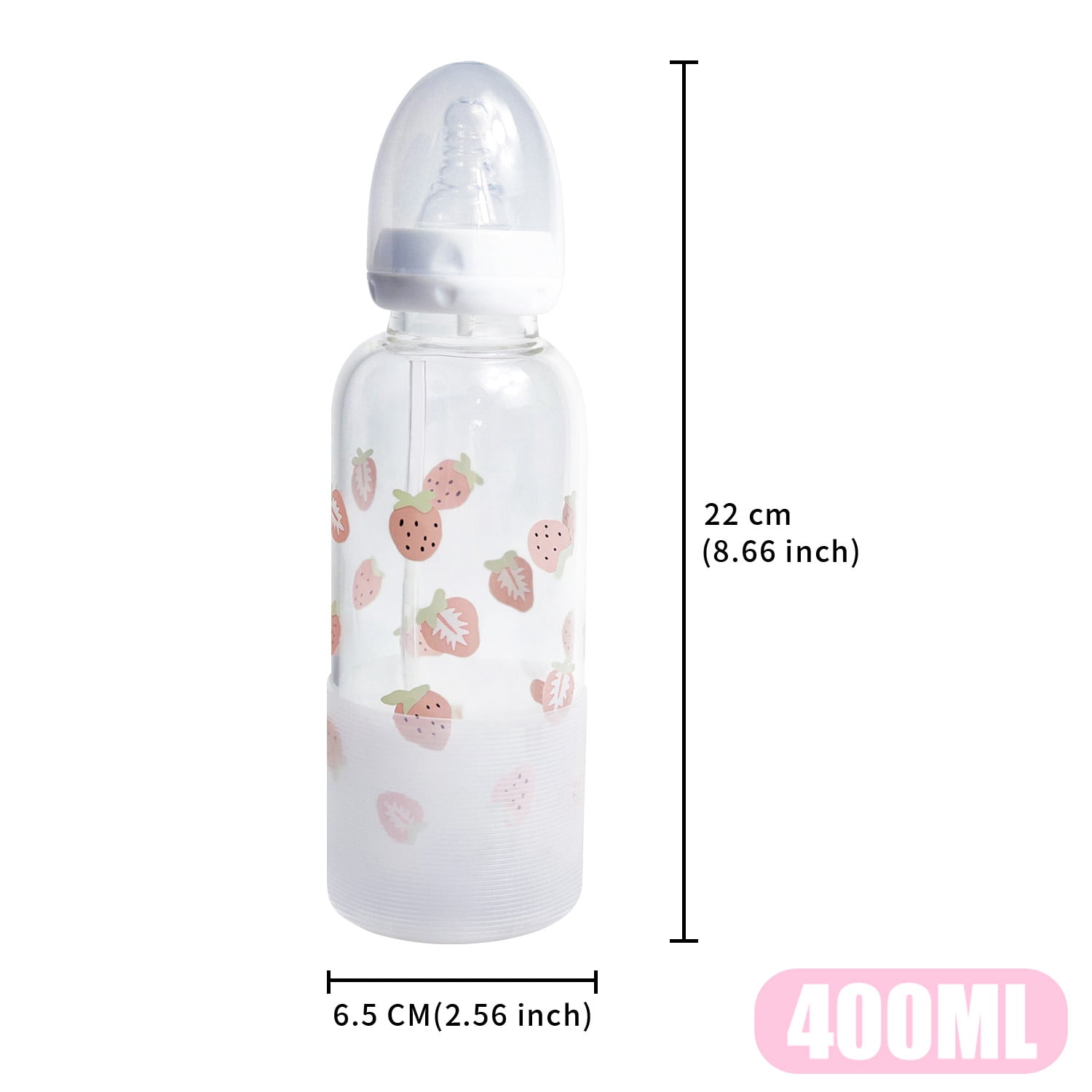 CutiePlusU Adult Glass Feeding Bottle Cute Printed Large Size Baby Bottles 13.5Oz/400ML Cute Strawberries