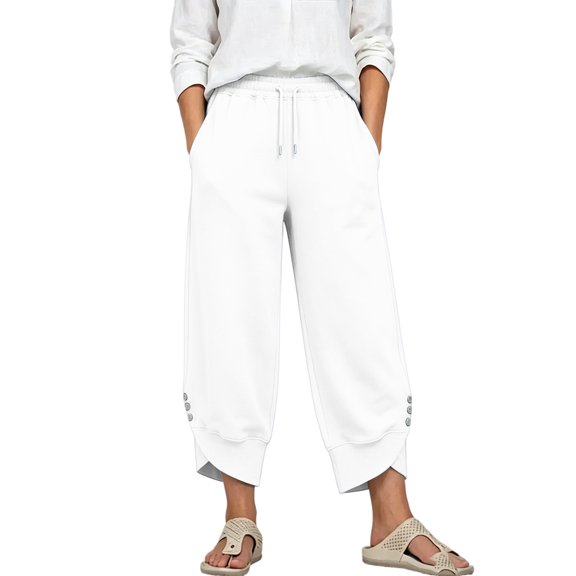 Karymi Women's Shorts Thick Cropped Sweatpants, Elastic Drawstring Waist Jogger Pants, Button Decor Irregular Split Hem Trousers with Side Pockets