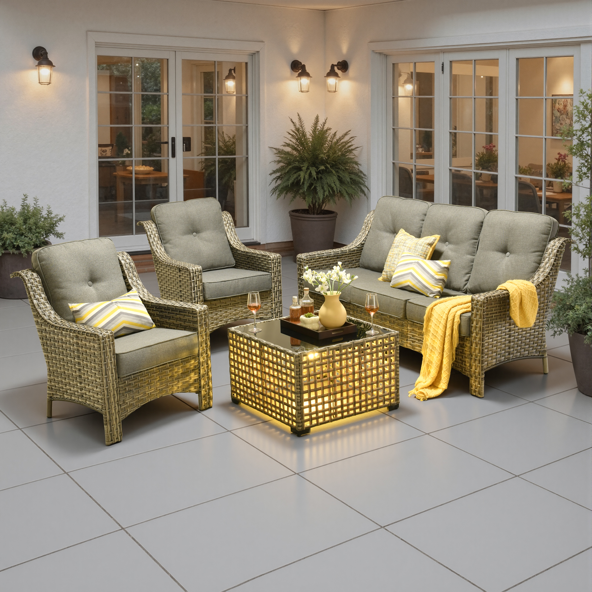 Ovios 4 Pieces Outdoor Furniture Set High Back All-Weather Wicker Patio Conversation Set with Solar Light Coffee Table, Dark Gray