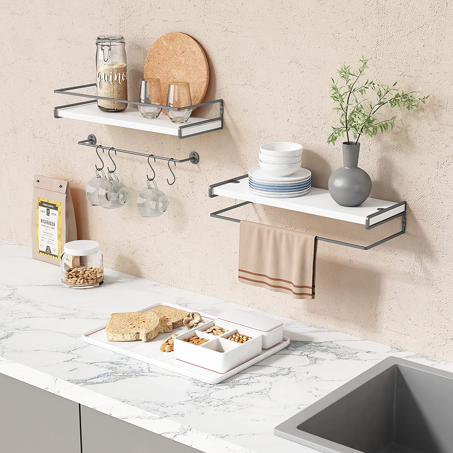 Forbena White Floating Shelves for Bathroom Organizer Over Toilet Bathroom Shelves Wall Mounted with Towel Rack Small Corner Wall Shelf for Bedroom