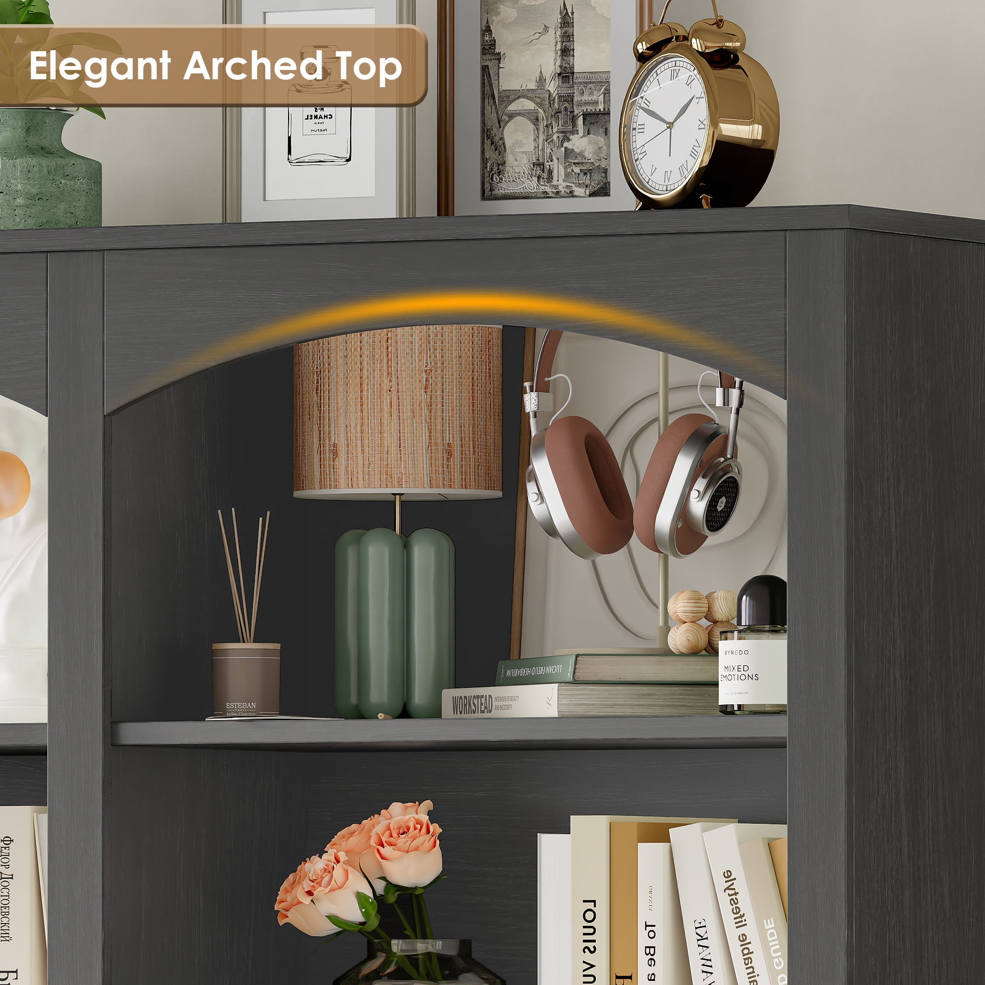 Homfa 18-Cube Bookcase and Bookshelves, 71.2" Triple Width 6-Tier Freestanding Arch Library Cabinet for Home Office Living Room, Dark Gray Texture