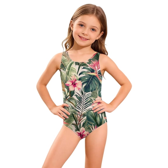 Grblisyd Girls Swimsuits Size 10-12 Tropical Athletic One Piece Swimsuit Racerback Crew Neck Bathing Suit