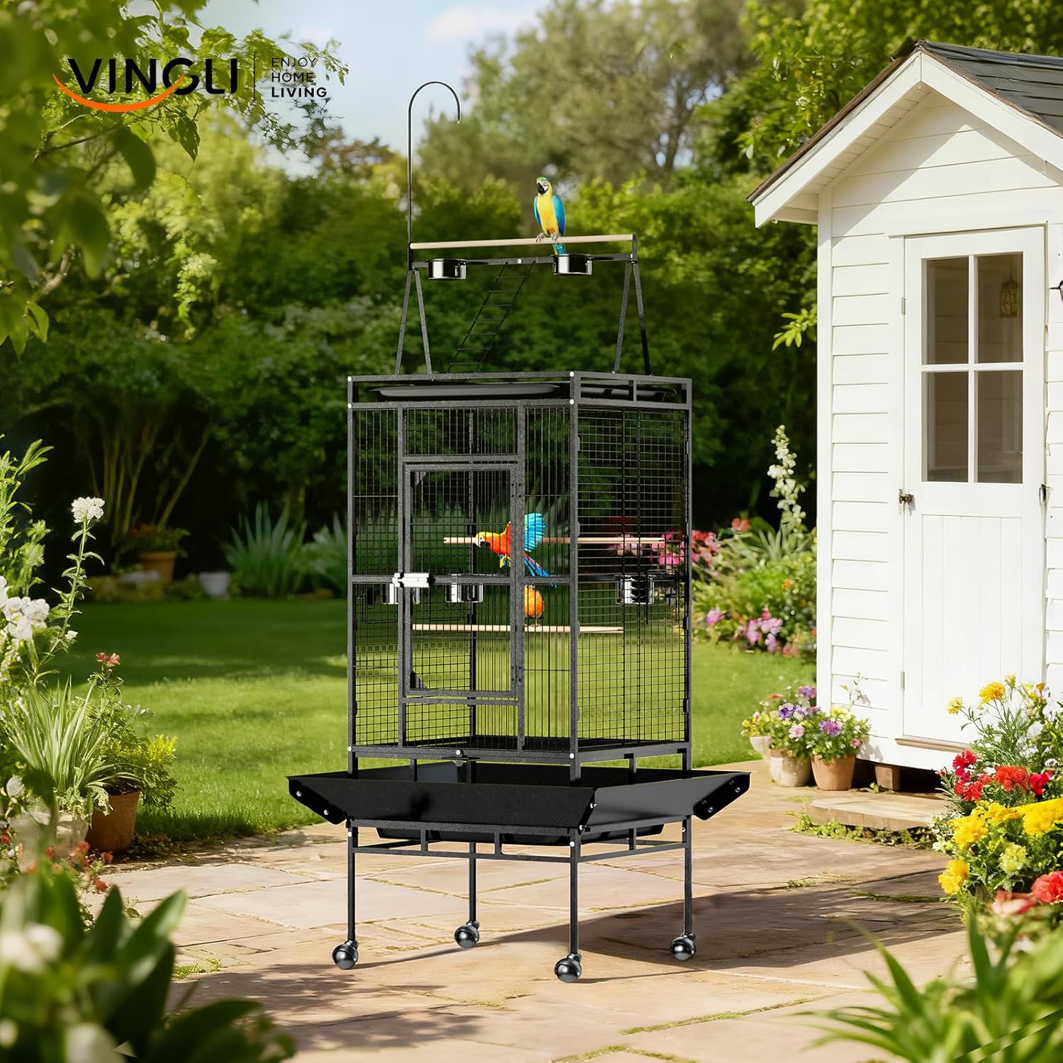 VINGLI Bird Cage, 83 Inch Wrought Iron Bird Cage with Play Top, Rolling Parakeet Cage for Cockatiels Lovebird Finches Canaries