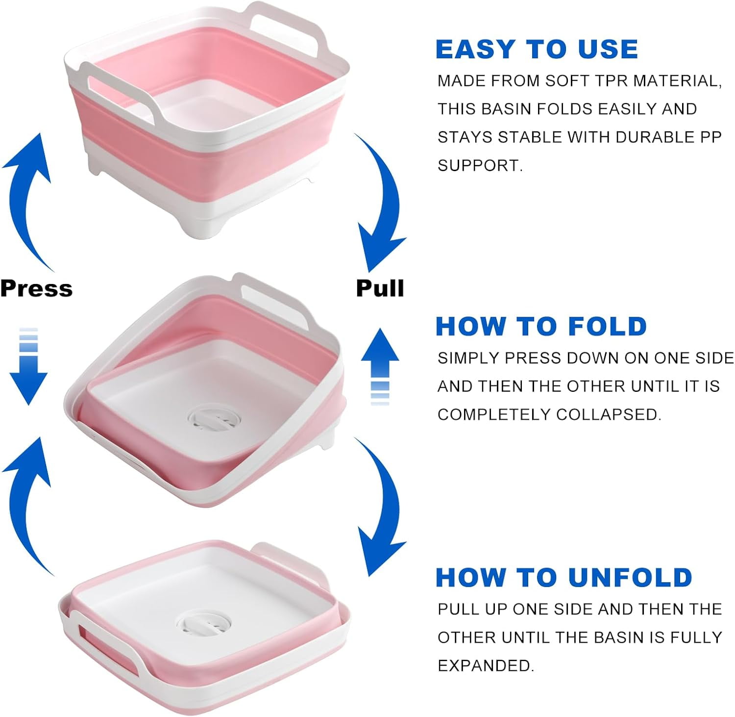 Collapsible Dish Basin, 2.4 Gallon Foldable Kitchen Sink with Drain Plug for Space-Saving Dish Washing, Vegetable & Baby Bottle Cleaning