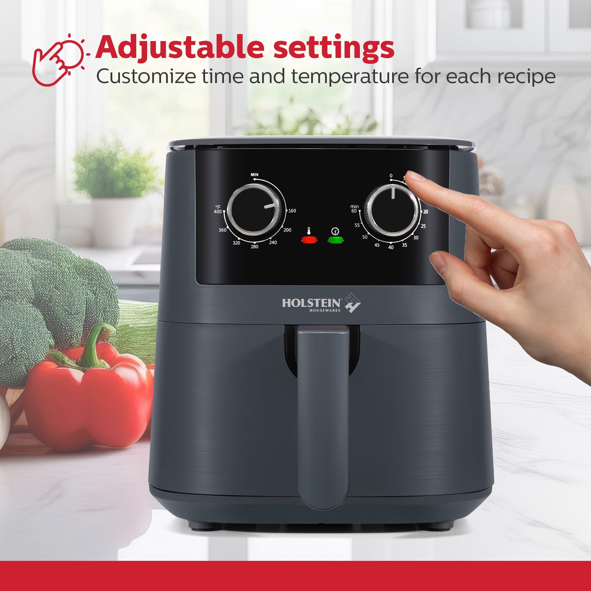 Holstein Housewares 4.4QT Air Fryer. Your All-in-One Culinary Solution. Air fry, roast, bake or grill. Adjustable temperature and time, Hot air technology and Dishwasher Safe, 1400W, Grey