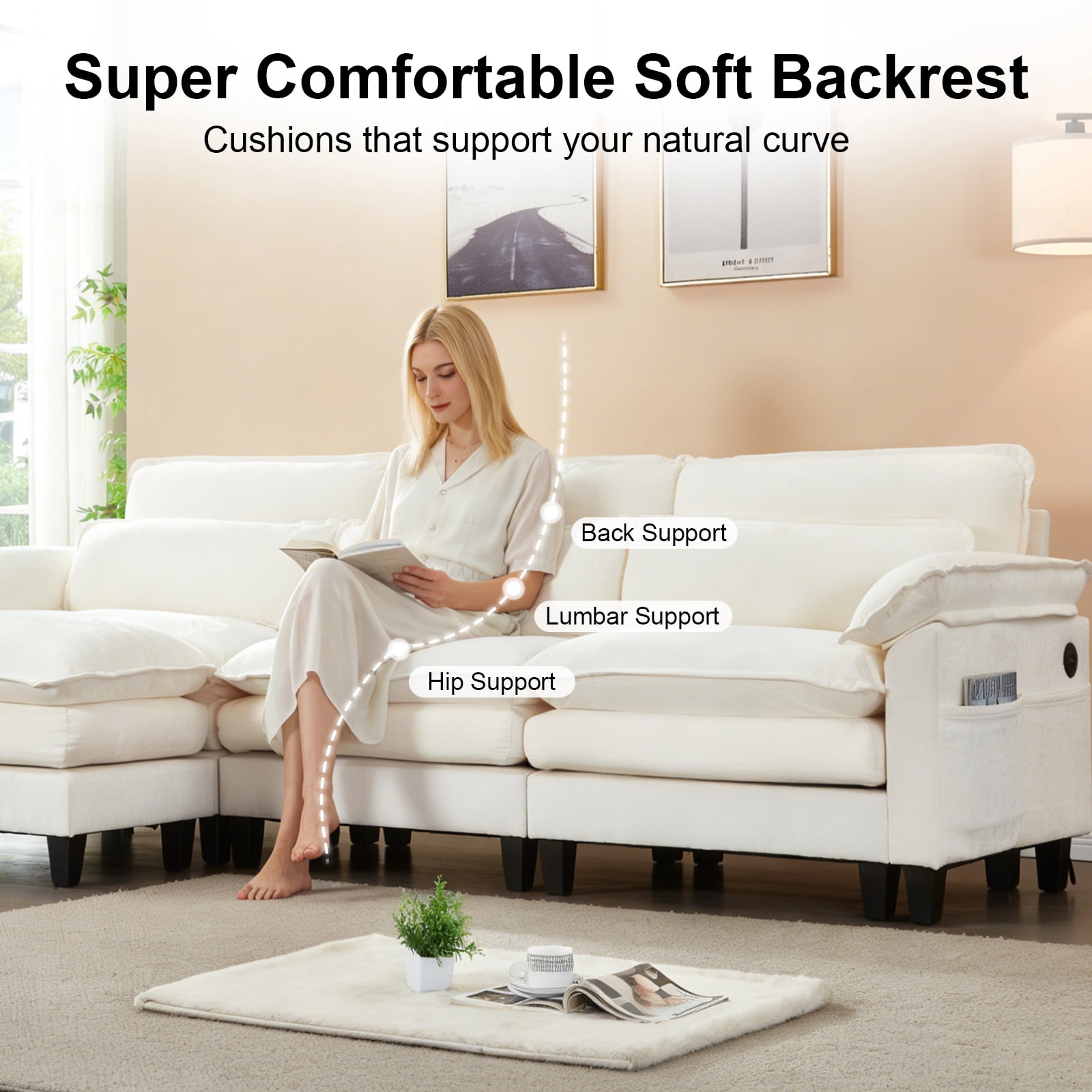 EPOWP 113'' Modular Sectional Sofa,U Shaped Couch with Movable Ottoman, Convertible Sectional Couches with Deep Seat, 3 Seat for Living Room Comfy Cloud Sofa with USB Side Pockets & Charging(Beige)