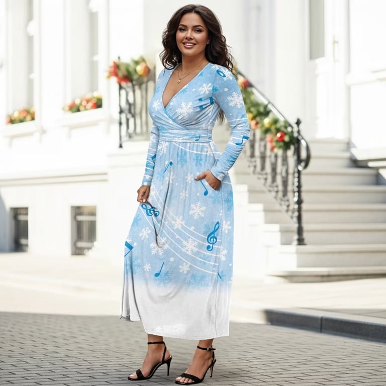 Fkelyi Fall Maxi Dress for Women Long Sleeve A-Line Flowy Dresses with Side Pockets Blue Musical Note Snowflake Print V Neck Casual Dress for Spring