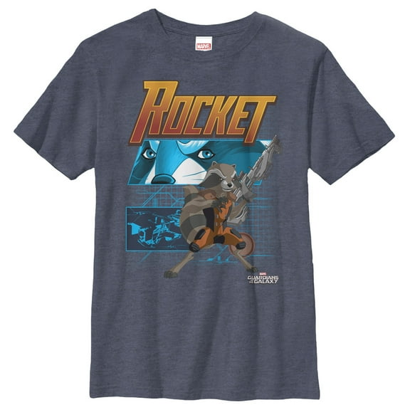 Boy's Marvel Guardians of the Galaxy Rocket Schematic  Graphic Tee Navy Blue Heather Large