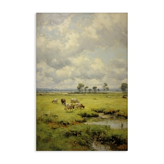 Stupell Industries Grazing Cows Countryside Landscape Painting Gallery Wrapped Canvas Art Print Wall Art, 16 x 24