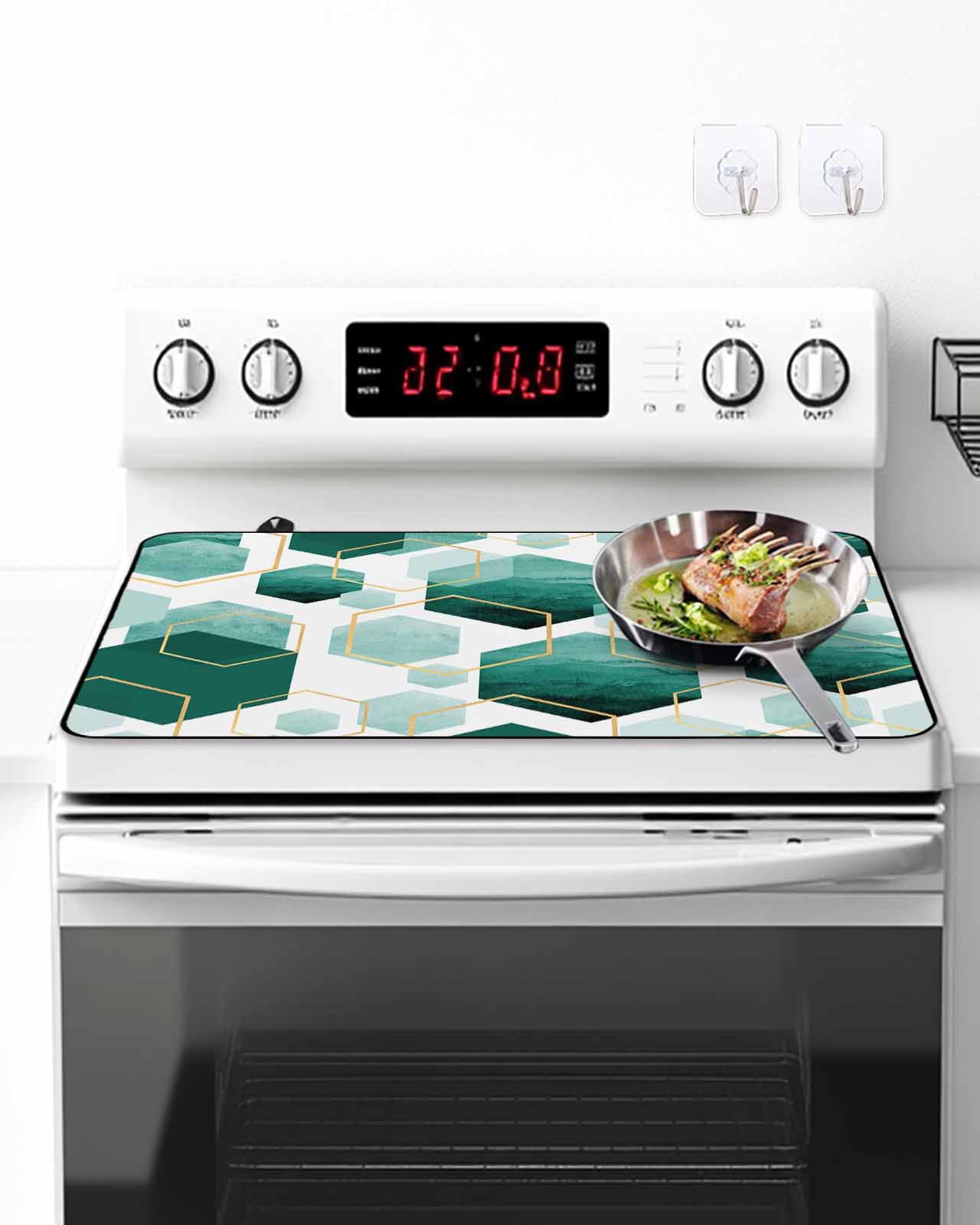 Stove Top Covers for Electric Stove, Turquoise Marble Glass Stovetop Cover Protector, Gold White Geometric Hexagon Modern Induction Cooktop Protector Oven Mat for Kitchen Countertop 31"x24"