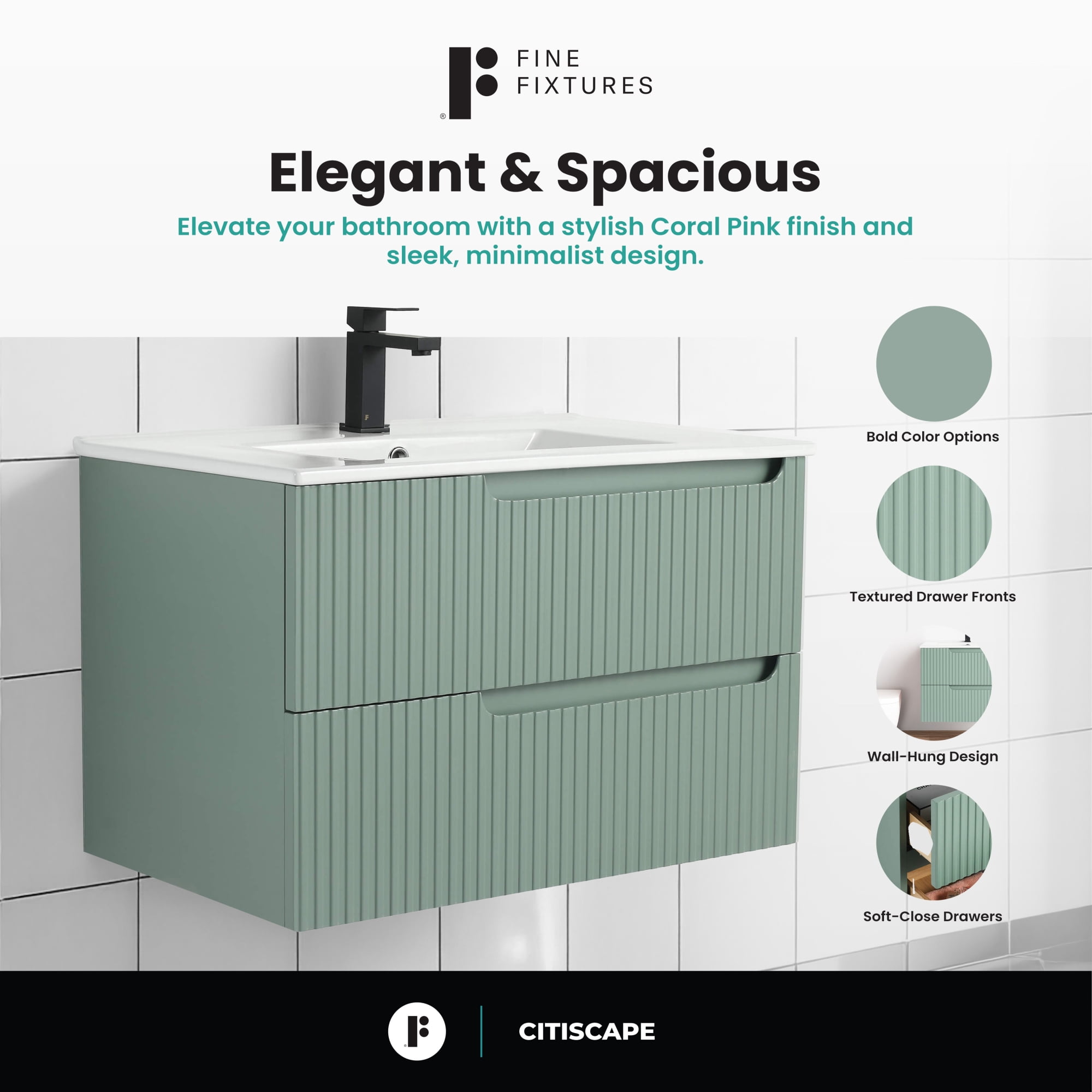 Citiscape Modern Bathroom Vanity with Textured Drawer Fronts 30" Wide - Mint Green - Sink Included