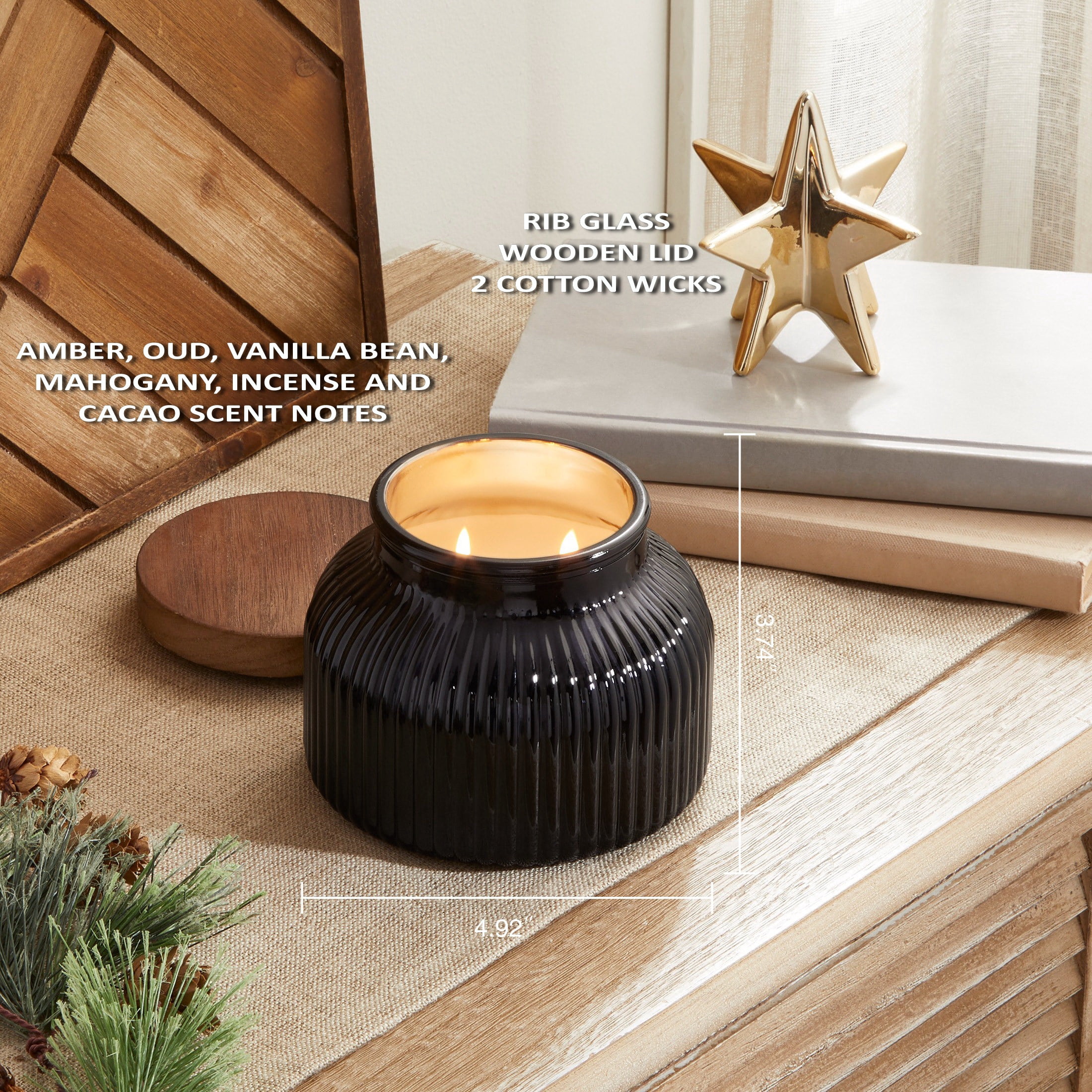 Better Homes & Gardens Warm Leathered Amber Jar Candle, 18 oz, 2 Cotton Wicks, Ribbed Mercury Glass Jar with Wooden Lid