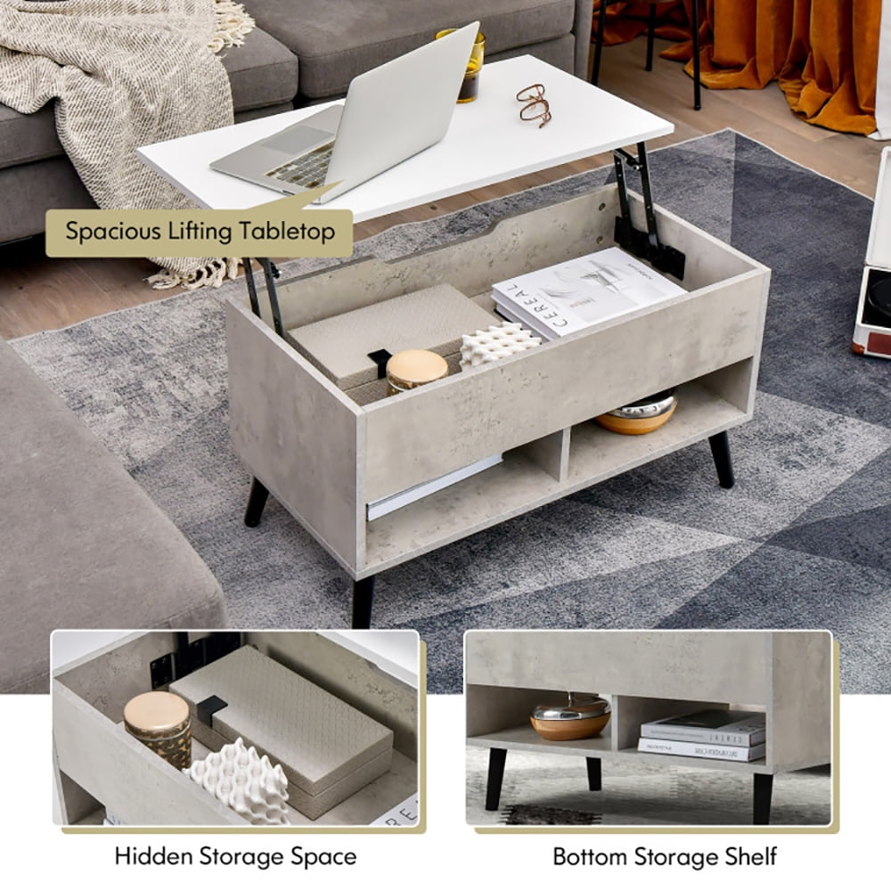 Finihen Rectangular Coffee Table, 31.5 Inch Lift Top Coffee Table with Hidden Compartment and 2 Storage Shelves, for Living Room, Reception Room, Office, Gray Finihen Rectangular Coffee Table, 31.5 Inch Lift Top Coffee Table with Hidden Compartment and 2 Storage Shelves, for Living Room, Reception Room, Office, Gray
