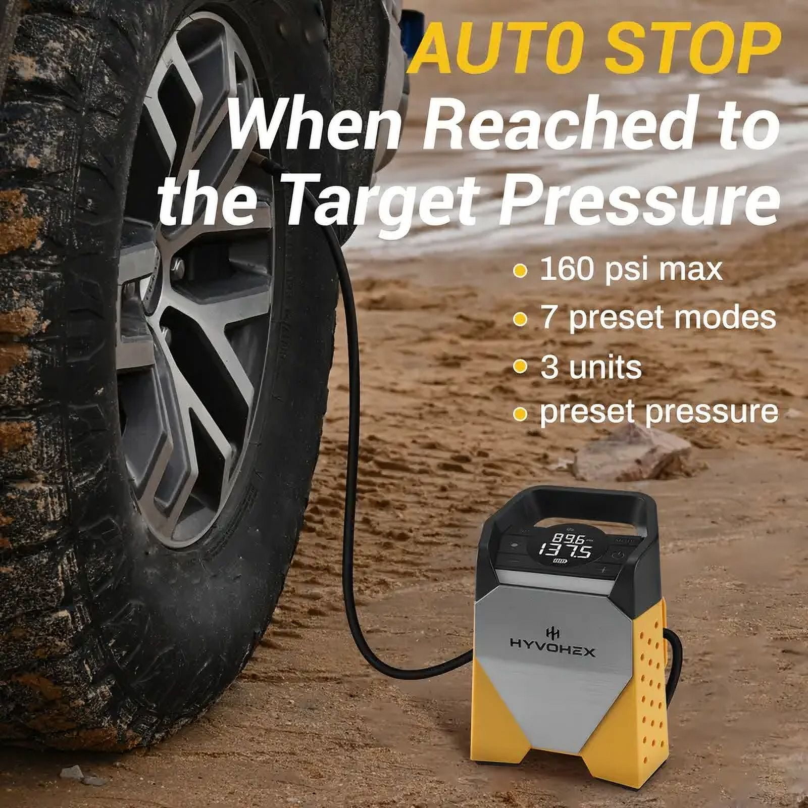 ​​HYVOHEZ Cordless Portable Tire Inflator Air Compressor, 7800mAh 160PSI, Digital Auto Pump for Car Tires, Compact Emergency Pump