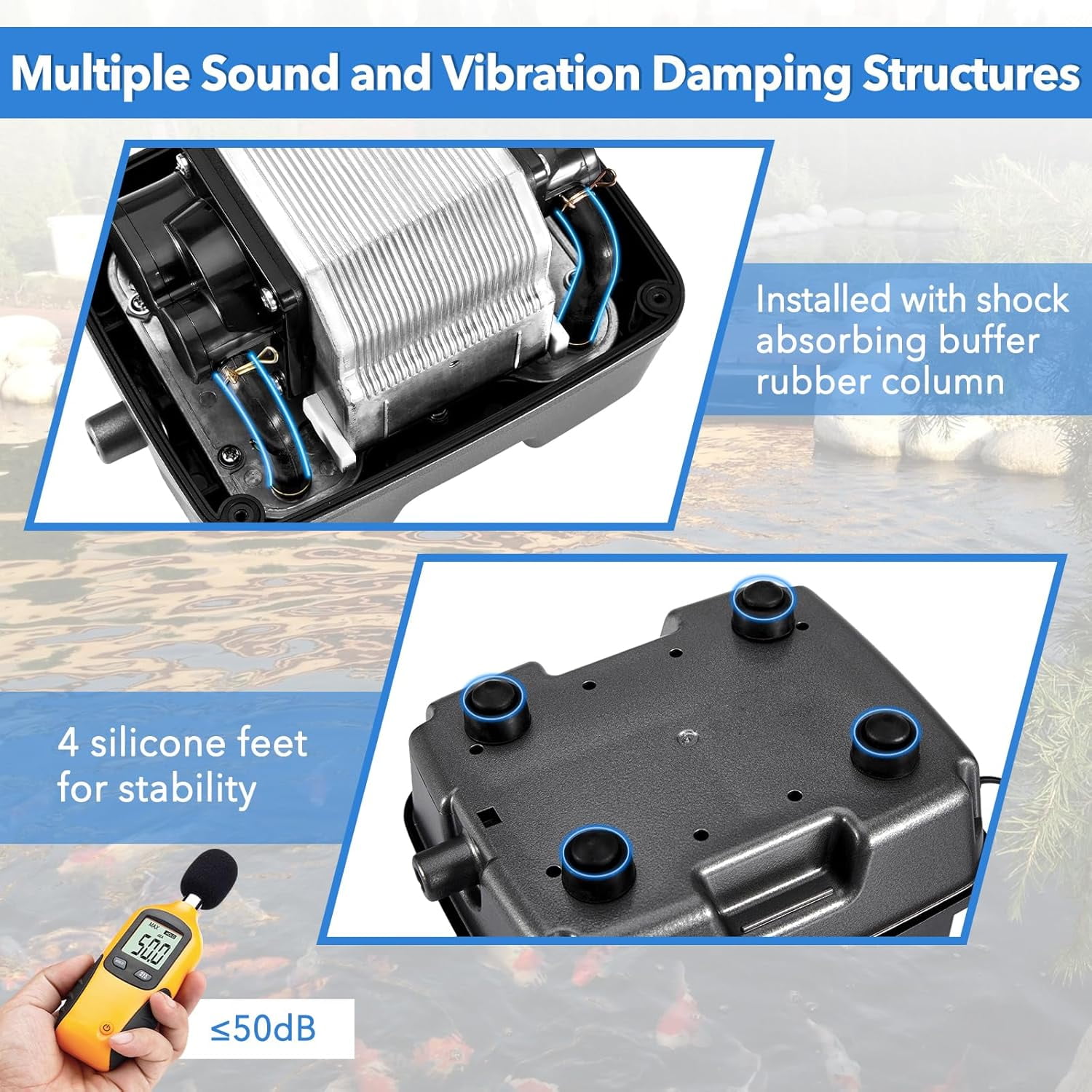 Linear Air Pond Pump, 855 GPH, Pond Aerators for Outdoor, Up to 10000 Gallons, with 8 Pcs Air Stones, for Fish Tank Koi Aquarium