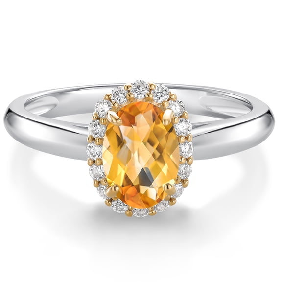 925 Sterling Silver and 10k Yellow Gold Yellow Citrine and White Lab Grown Diamond Halo Engagement Ring for Women (0.85 Cttw, Gemstone November Birthstone, Oval Checkerboard 7X5MM, Size 6)