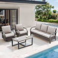 thumbnail image 2 of OPOHORO 4-Piece Outdoor Patio Conversation Set, 75-Inch Wicker Sofa with 2 Swivel Rocker Chairs and Coffee Table, Brown Rattan Furniture with Beige Cushions for Deck or Porch, 2 of 13