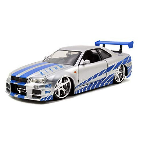jada toys fast & furious brian's 2002 nissan skyline r34 die-cast car, 1:24 scale, silver & blue