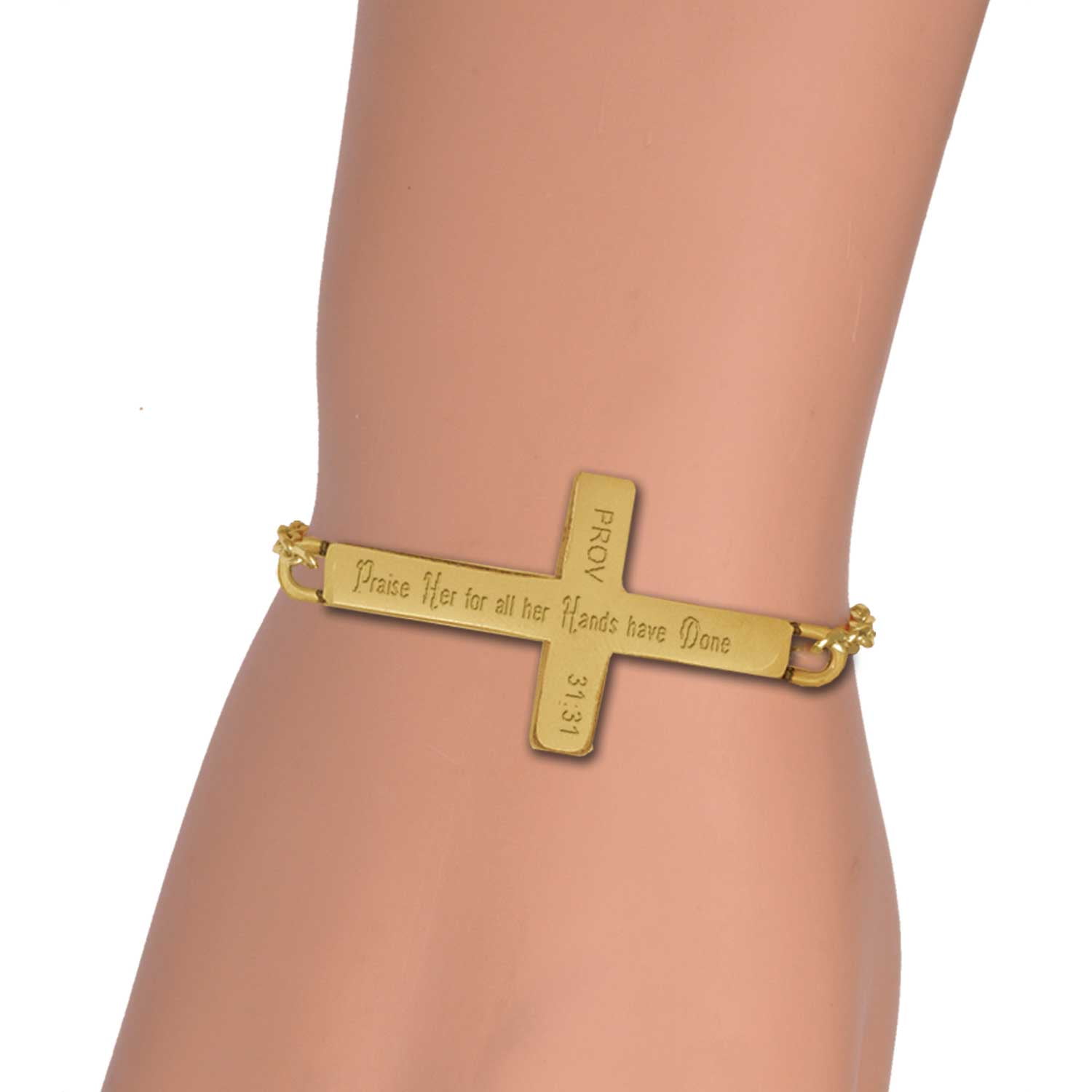 Delight Jewelry Silver-tone Friends Infinity Sign - Gold Tone Proverbs 31:31 Praise Her for all Her Hands have Done Engraved Cross Charm Bracelet, 6.5+1.5" Extender
