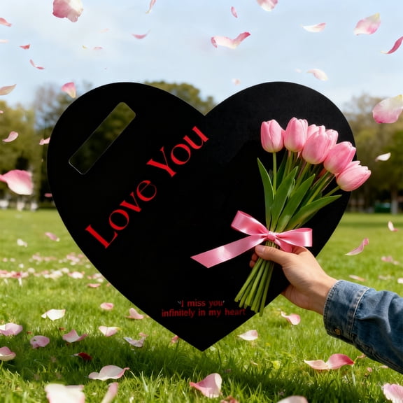 Pink Heart Shaped Flower Gift Box with "Love You" Print - Portable Floral Bouquet Container for Valentine's Day, Anniversary, Birthday - Decorative Gift Packaging